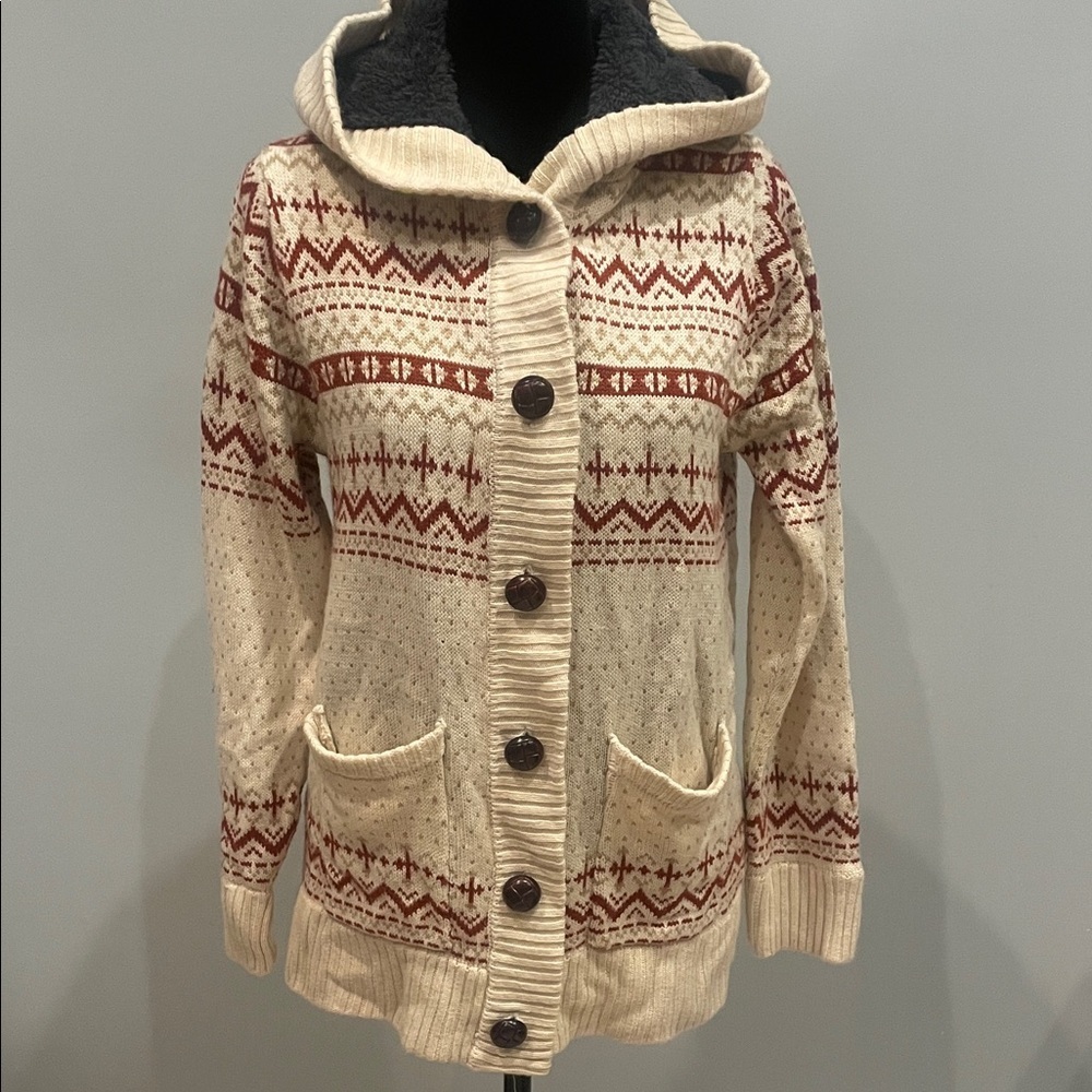 Cozy Cream and Rust Hooded cardigsn Sweater with pockets